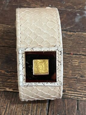 TED ROSSI signed vintage cream python cuff/ goldtone geometric